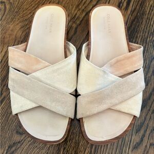Cole Haan Cream & Tan Suede Crisscross Slide Sandals